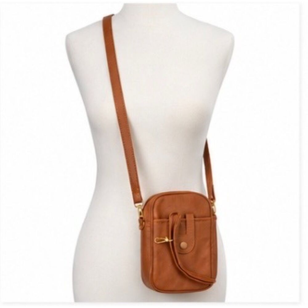 Brown Crossbody Phone Bag Faux Leather Adjustable Strap Gold Tone Hardware